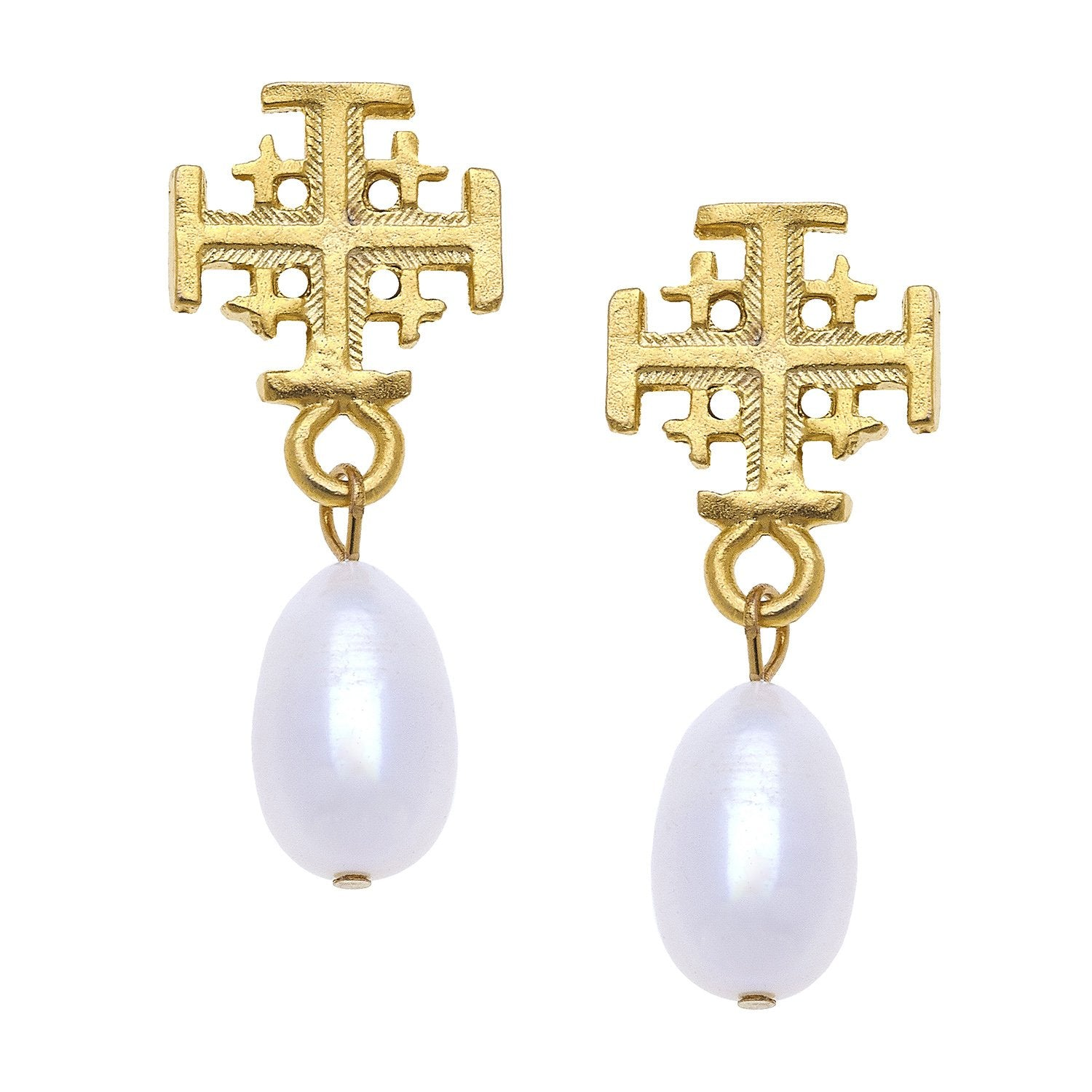 Susan Shaw Triple Gold Plated Jerusalem Cross Drop Pearl Earrings