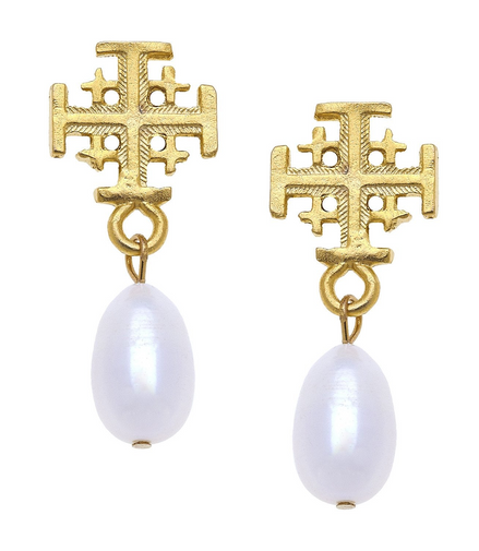 Susan Shaw Triple Gold Plated Jerusalem Cross Drop Pearl Earrings
