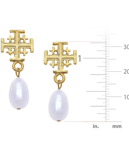 Susan Shaw Triple Gold Plated Jerusalem Cross Drop Pearl Earrings