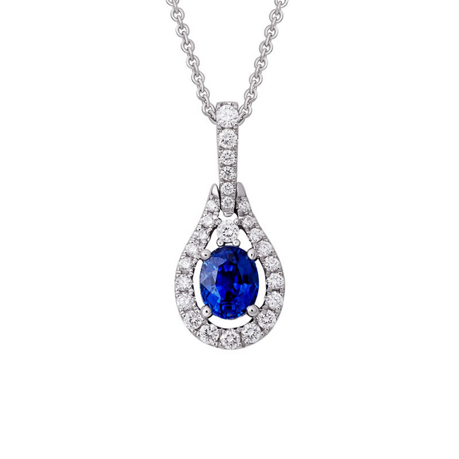 14K White Gold Daimond And Sapphire Oval Shaped Pendant Necklace