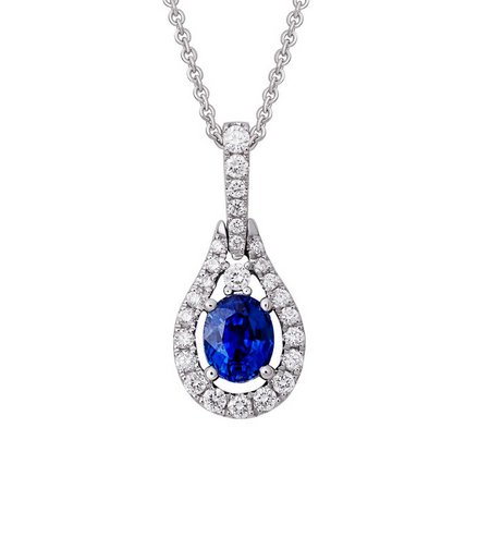 14K White Gold Daimond And Sapphire Oval Shaped Pendant Necklace