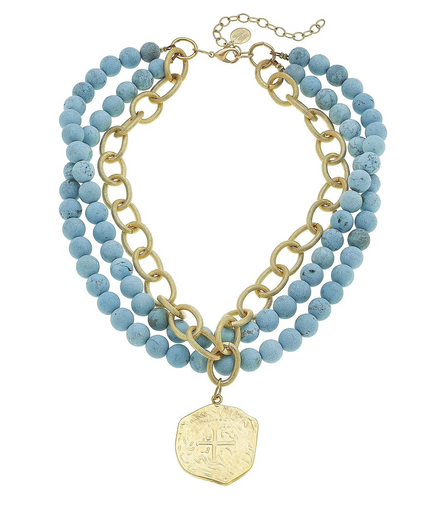 Susan Shaw Multi Strand Turquoise + Coin Necklace