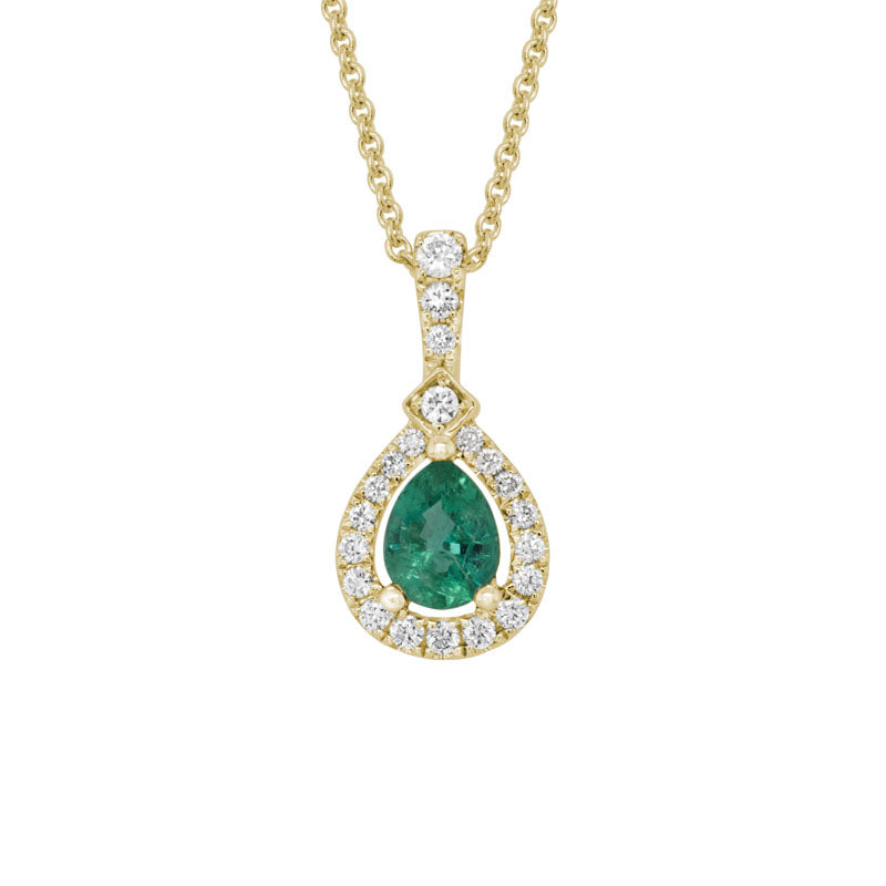 14K Yellow Gold Emerald and Diamond Pear Shaped Pendant Necklace