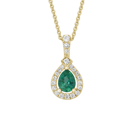 14K Yellow Gold Emerald and Diamond Pear Shaped Pendant Necklace