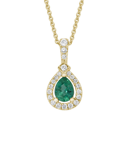 14K Yellow Gold Emerald and Diamond Pear Shaped Pendant Necklace
