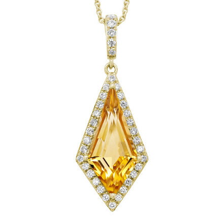 14K Yellow Gold Citrine And Diamond Kite Shaped Pendant Necklace