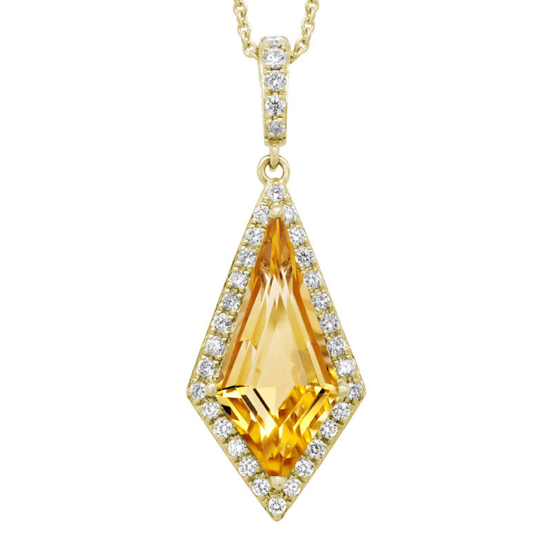 14K Yellow Gold Citrine And Diamond Kite Shaped Pendant Necklace
