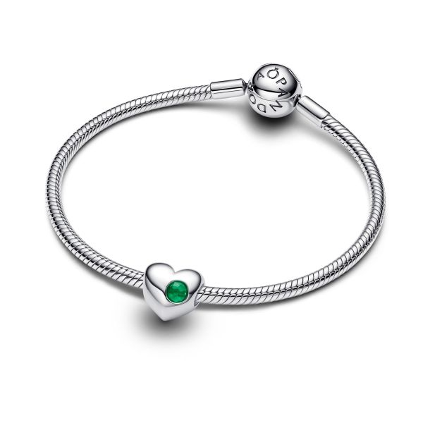 Pandora Moments Silver May Engravable Green Stone Heart Charm