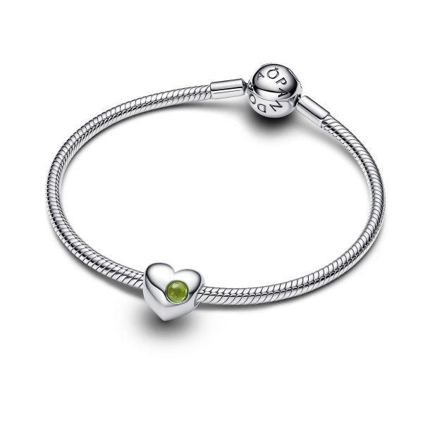Pandora Engravable Silver August Spring Green Stone Heart Charm