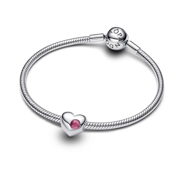 Pandora Moments Silver October Engravable Pink Stone Heart Charm