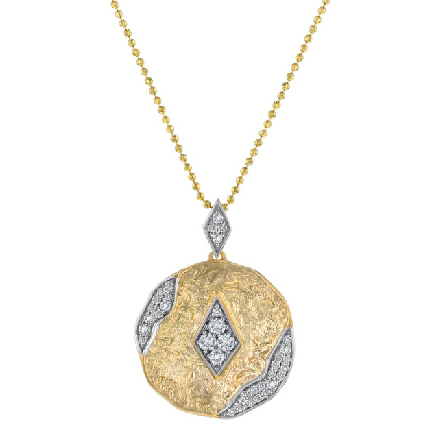 Oro Alexander 14K Yellow Gold 0.35 Ct Diamonds Textured Hammered Round Pendant Necklace