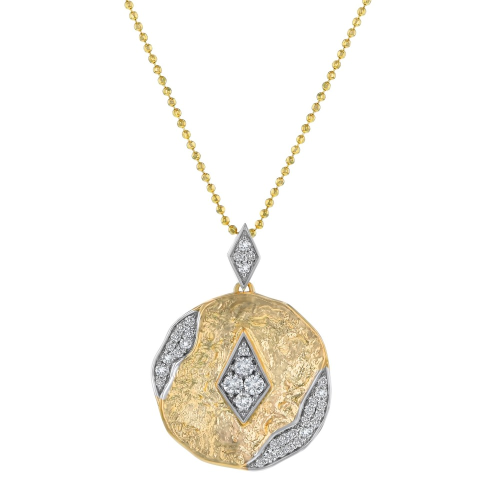 Oro Alexander 14K Yellow Gold 0.35 Ct Diamonds Textured Hammered Round Pendant Necklace