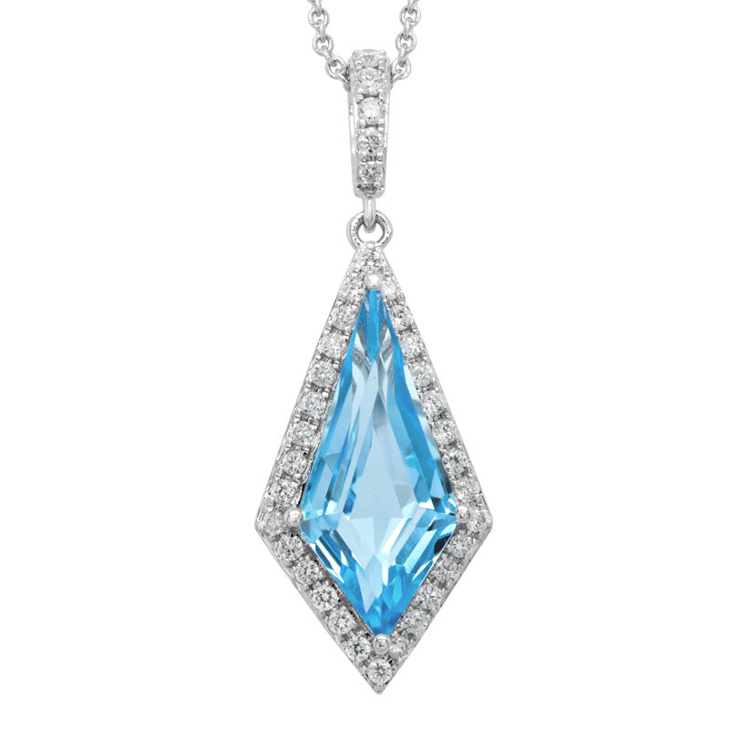 Artisty 14K White Gold Blue Topaz and Diamond Kite Shaped Pendant Necklace