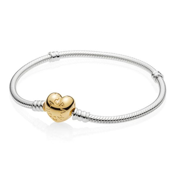 Pandora Moments Silver Snake Chain Bracelet With 14K Gold-Plated Heart Clasp Size 18