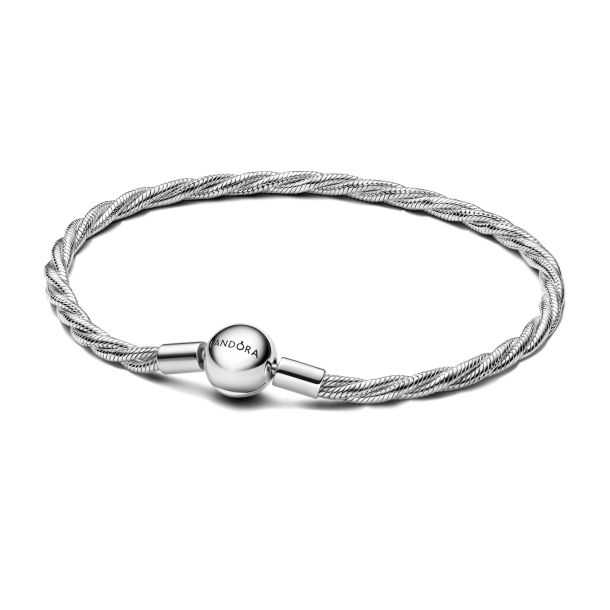 Pandora Moments Silver Round Pandora Clasp Twisted Snake Chain Bracelet Size 17