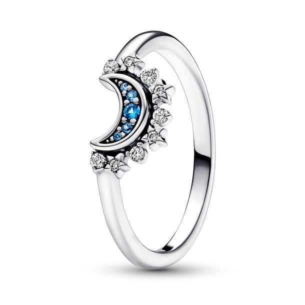Pandora Celestial Blue Sparkling Moon Ring Size 7.5