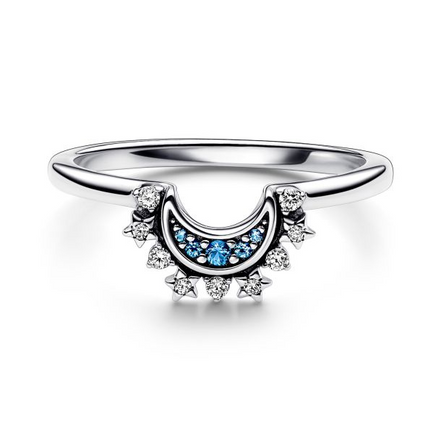 Pandora Celestial Blue Sparkling Moon Ring Size 7.5
