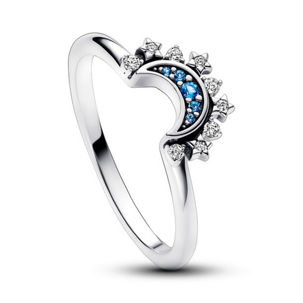 Pandora Celestial Blue Sparkling Moon Ring Size 7.5