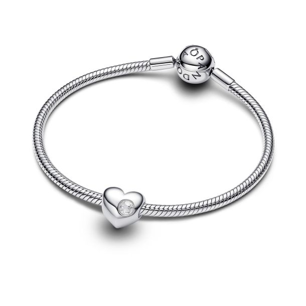 Pandora Moments Silver April Engravable Clear Stone Heart Charm