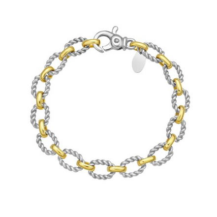 Sterling Silver And 18K Yellow Gold Alternating Oval Link Italian Cable Chain Bracelet 7.25"