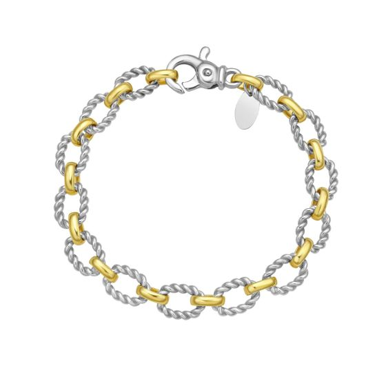 Sterling Silver And 18K Yellow Gold Alternating Oval Link Italian Cable Chain Bracelet 7.25"