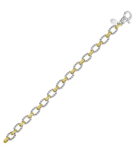 Sterling Silver And 18K Yellow Gold Alternating Oval Link Italian Cable Chain Bracelet 7.25"