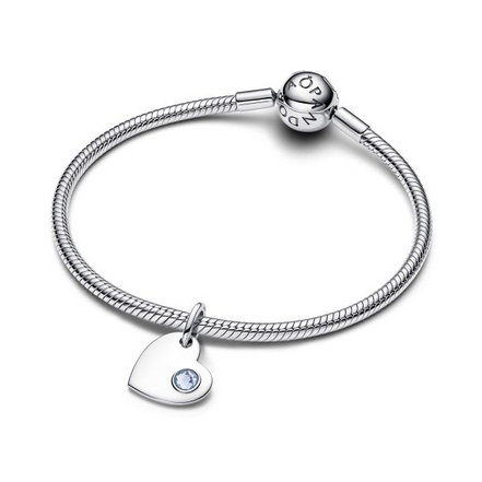 Pandora Moments Silver March Engravable Heart Aqua Blue Stone Dangle Charm