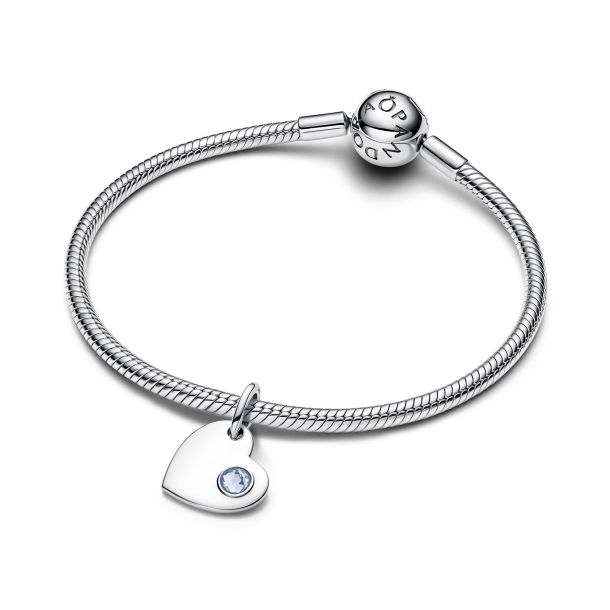 Pandora Moments Silver March Engravable Heart Aqua Blue Stone Dangle Charm