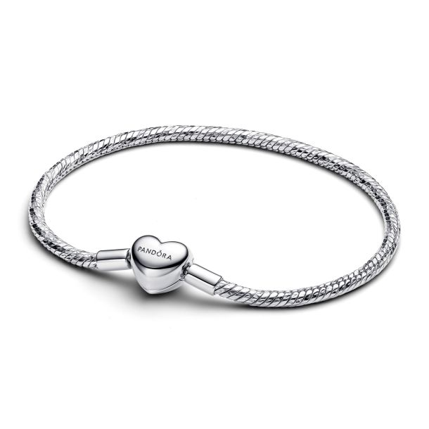 Pandora Moments Silver Heart Clasp Faceted Snake Chain Bracelet Size 20