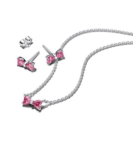 Pandora Sparkling Pink Bow Stud Earrings and Pendant Necklace Gift Set