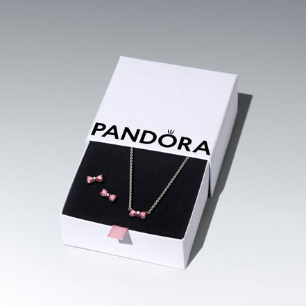 Pandora Sparkling Pink Bow Stud Earrings and Pendant Necklace Gift Set