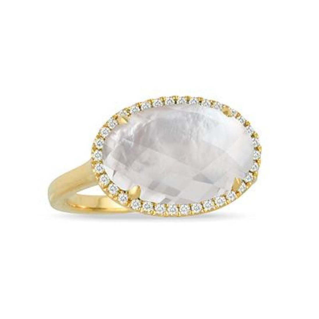 Doves 18K Yellow Gold White Orchid Clear Quartz Mother Of Pearl And Diamond Ring