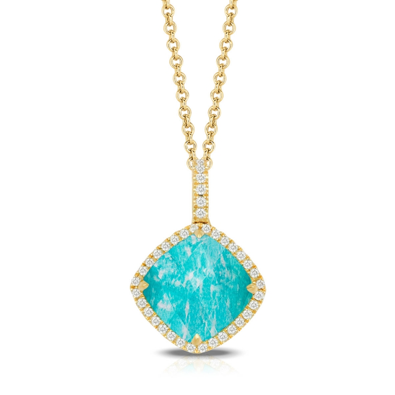 Doves 18K Yellow Gold Amazon Breeze Clear Quartz Amazonite And Cushion Diamond Pendant Necklace