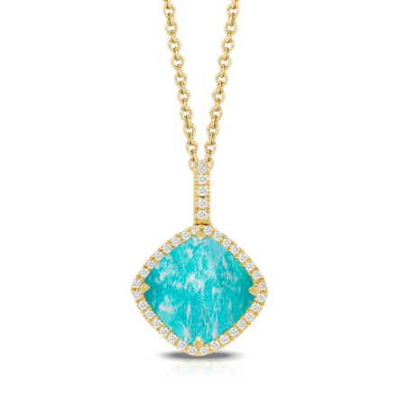 Doves 18K Yellow Gold Amazon Breeze Clear Quartz Amazonite And Cushion Diamond Pendant Necklace