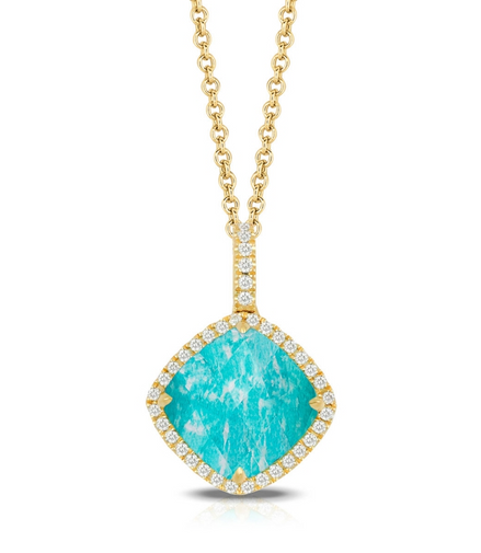 Doves 18K Yellow Gold Amazon Breeze Clear Quartz Amazonite And Cushion Diamond Pendant Necklace