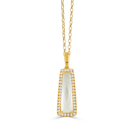 Doves 18K Yellow Gold White Orchid Mother Of Pearl and Elongated Diamond Pendant Necklace
