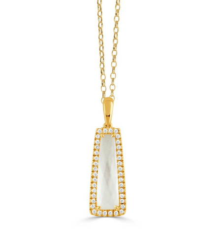Doves 18K Yellow Gold White Orchid Mother Of Pearl and Elongated Diamond Pendant Necklace