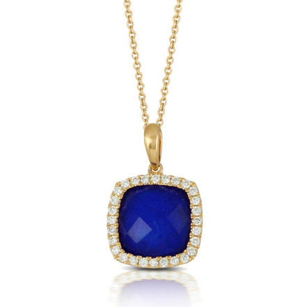 Doves 18K Yellow Gold Royal Lapis and DIamond Cushion Cut Pendant Necklace