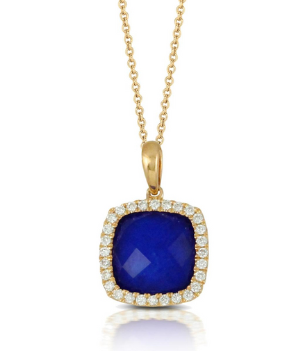 Doves 18K Yellow Gold Royal Lapis and DIamond Cushion Cut Pendant Necklace