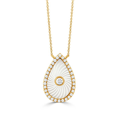 White Orchid Mother Of Pearl And Diamond Tear Drop Pendant Necklace