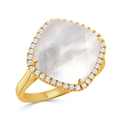 Doves 18K Yellow Gold White Orchid Mother Of Pearl And Cushion Diamond Cocktail Ring