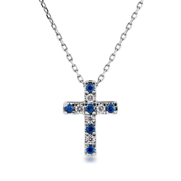 14K White Gold Diamond And Sapphire Cross Pendant Necklace