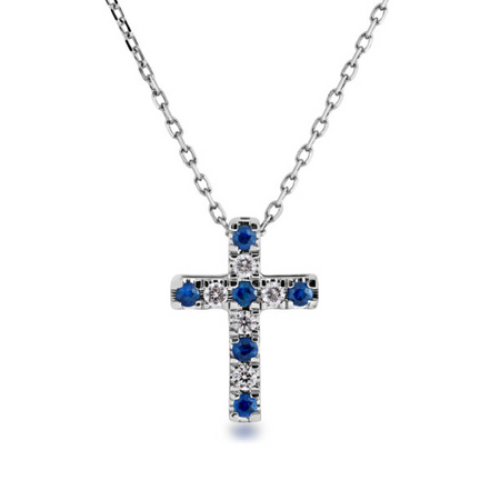 14K White Gold Diamond And Sapphire Cross Pendant Necklace