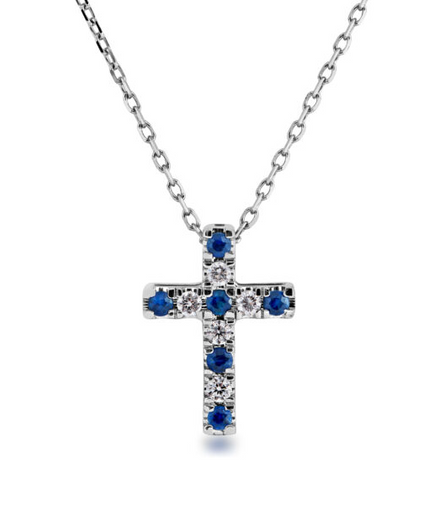 14K White Gold Diamond And Sapphire Cross Pendant Necklace