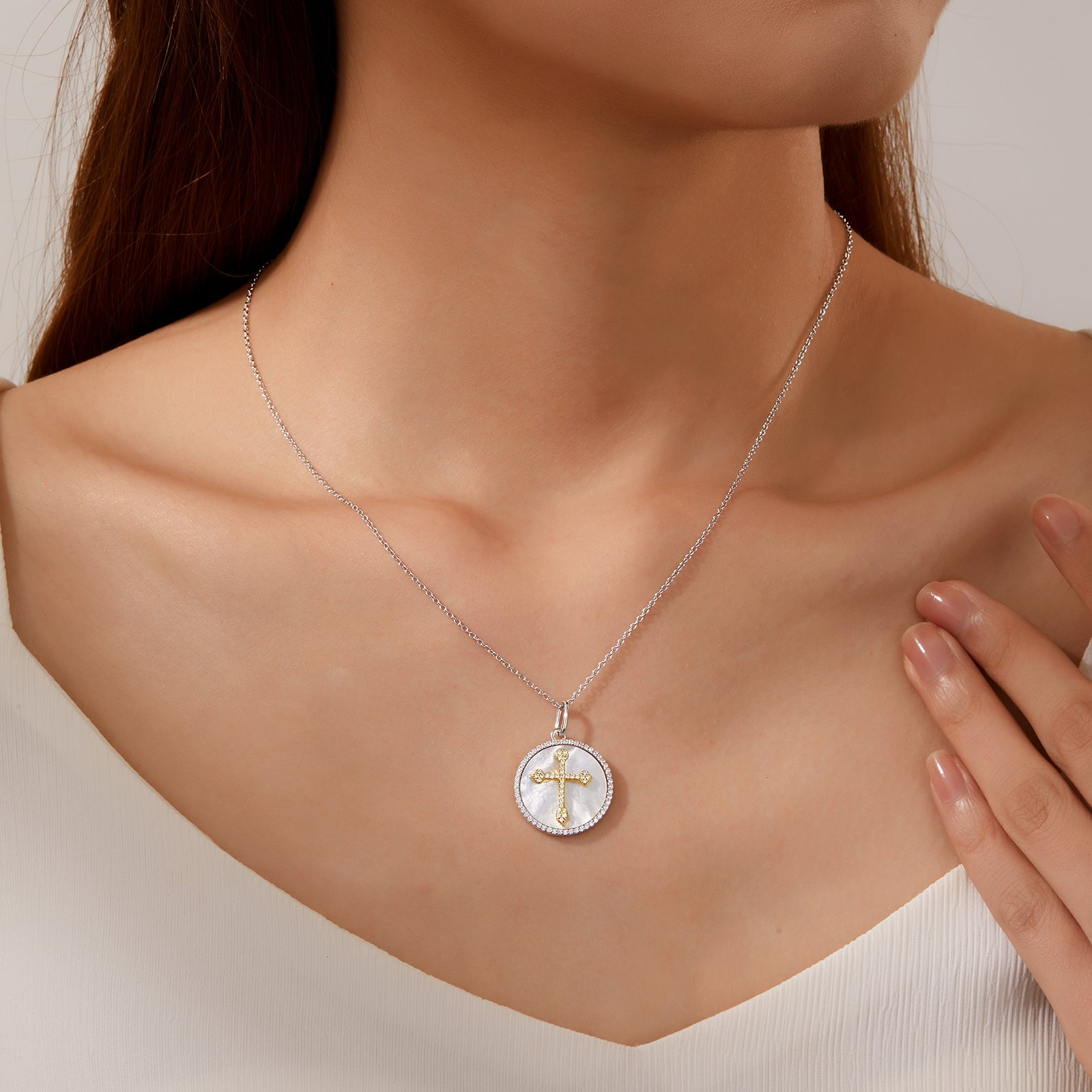 Lafonn Mother of Pearl and Diamond Cross Pendant Necklace