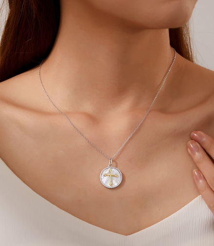 Lafonn Mother of Pearl and Diamond Cross Pendant Necklace