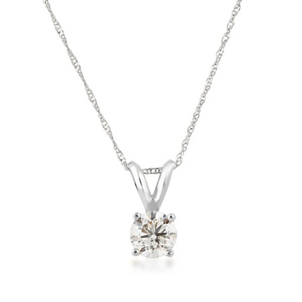 14K White Gold 0.75  CT Diamond Round Solitaire Pendant Necklace