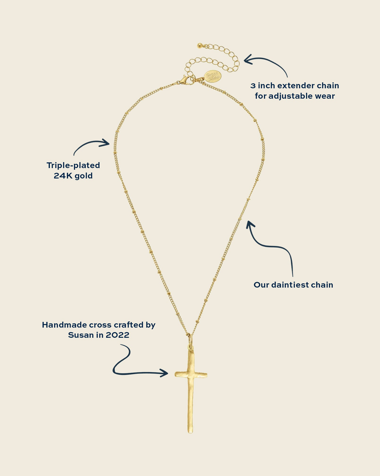 Susan Shaw Handcast Gold Long Cross Beaded Chain Necklace