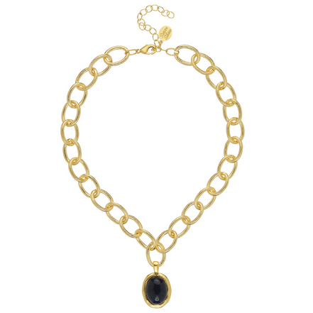 Susan Shaw Gold Oval & Black Onyx Loop Chain Necklace