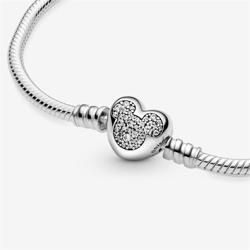 Pandora Disney Mickey Mouse Heart Clasp Snake Chain Bracelet Size 21